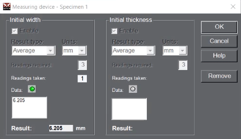Specimen Measurement Screen in Bluehill Universal