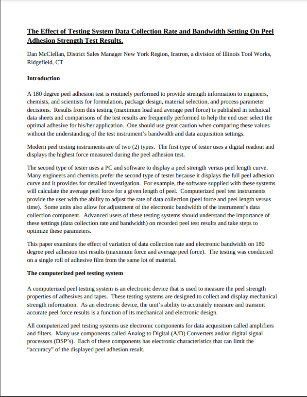The Effect of Data Collection Rate and Bandwidth Setting on Peel Adhesion Strength Tests