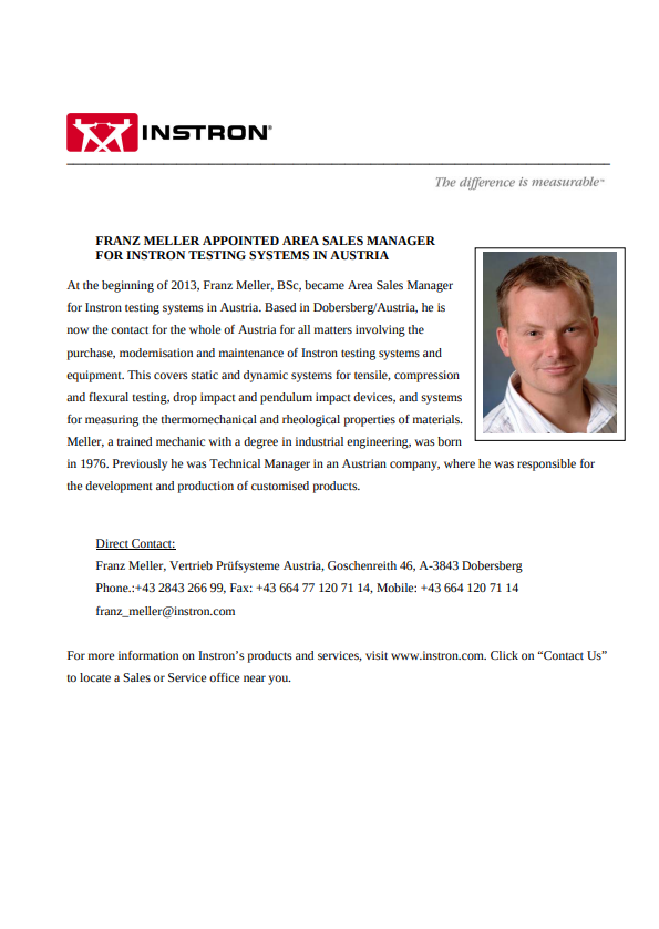 Franz Meller Appointed Area Sales Manager for Instron Testing Systems in Austria