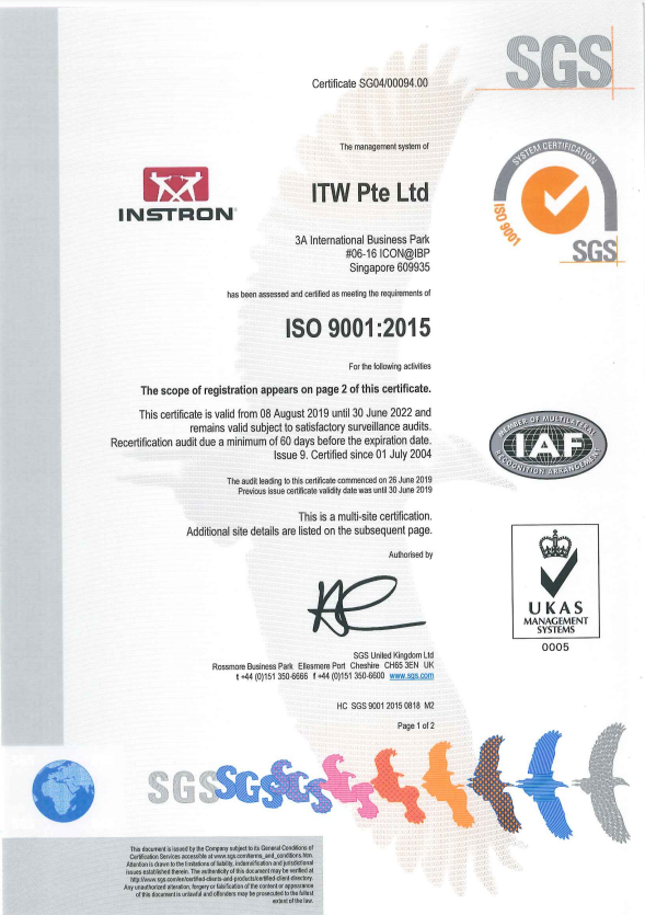 Instron Singapore ISO 9001 Certificate
