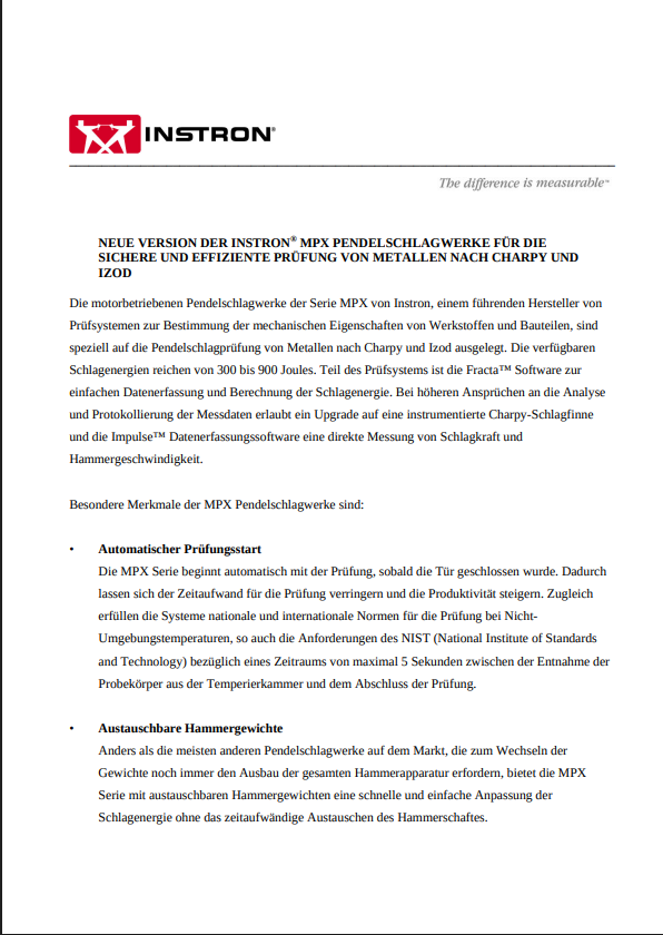 NEUE VERSION DER INSTRON® MPX PENDELSCHLAGWERKE FÜR DIE SICHERE UND EFFIZIENTE PRÜFUNG VON METALLEN NACH CHARPY UND IZOD