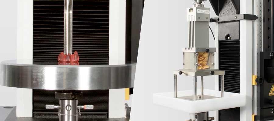 | Instron Two-panel image showing Instron food texture analysis applications: a compressing a gummy candy into a large flat compression platen on the left, and a five-blade Kramer shear cell testing snack crispness on the right