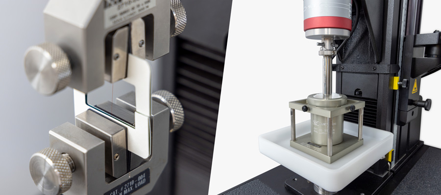 | Instron Two-panel image showing an Instron single strand hair tensile test with screw side action tensile grips on the left, and a cosmetic cream compression extrusion test with a stainless steel cylinder fixture on the right