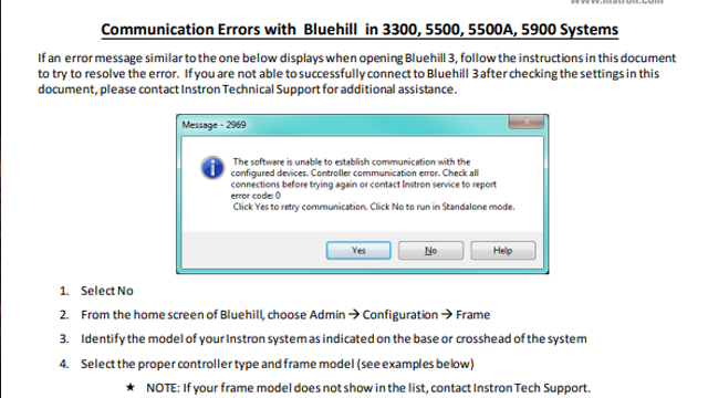 Communication Errors with Bluehill Universal, Bluehill 3 or Bluehill 2 on Instron 3300, 5500, 5500A and 5900 Systems
