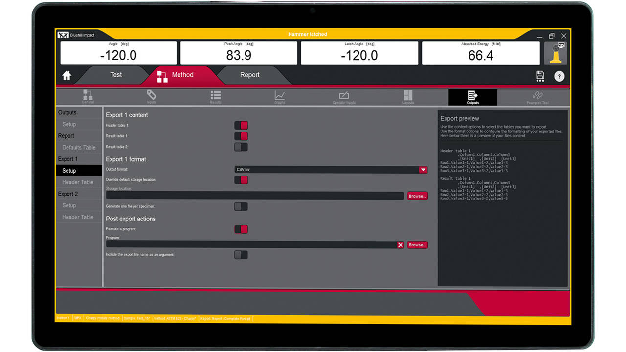Bluehill Impact Software Customizable Exports