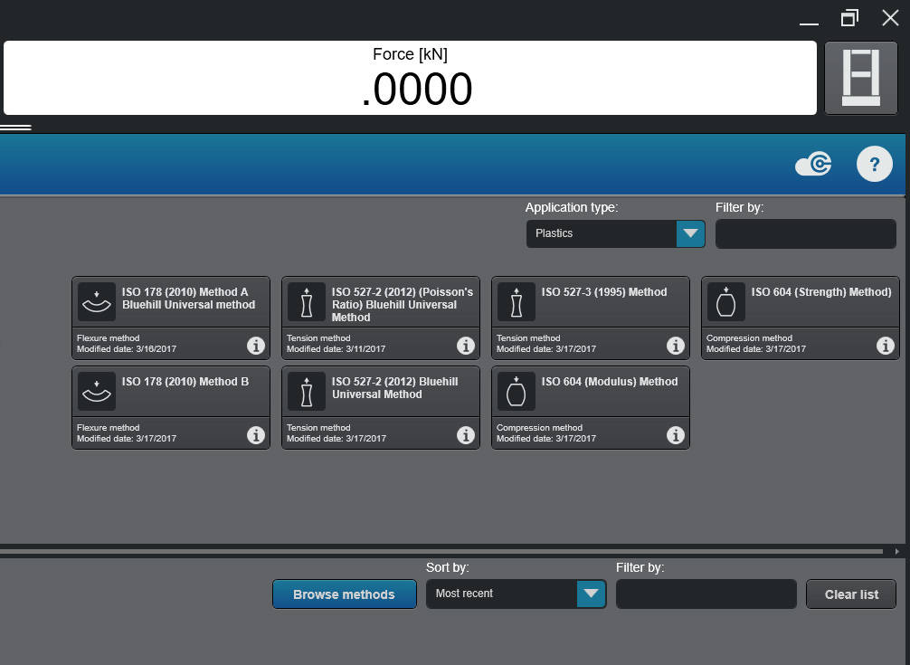 Bluehill Universal Test Method Selection Screen