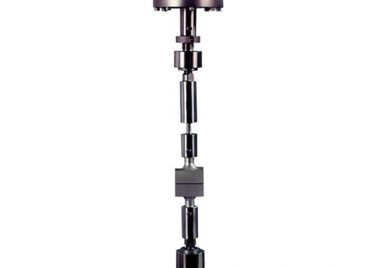 Instron load string assembly configured for stud pull testing of electronic chip packages and microelectronic components