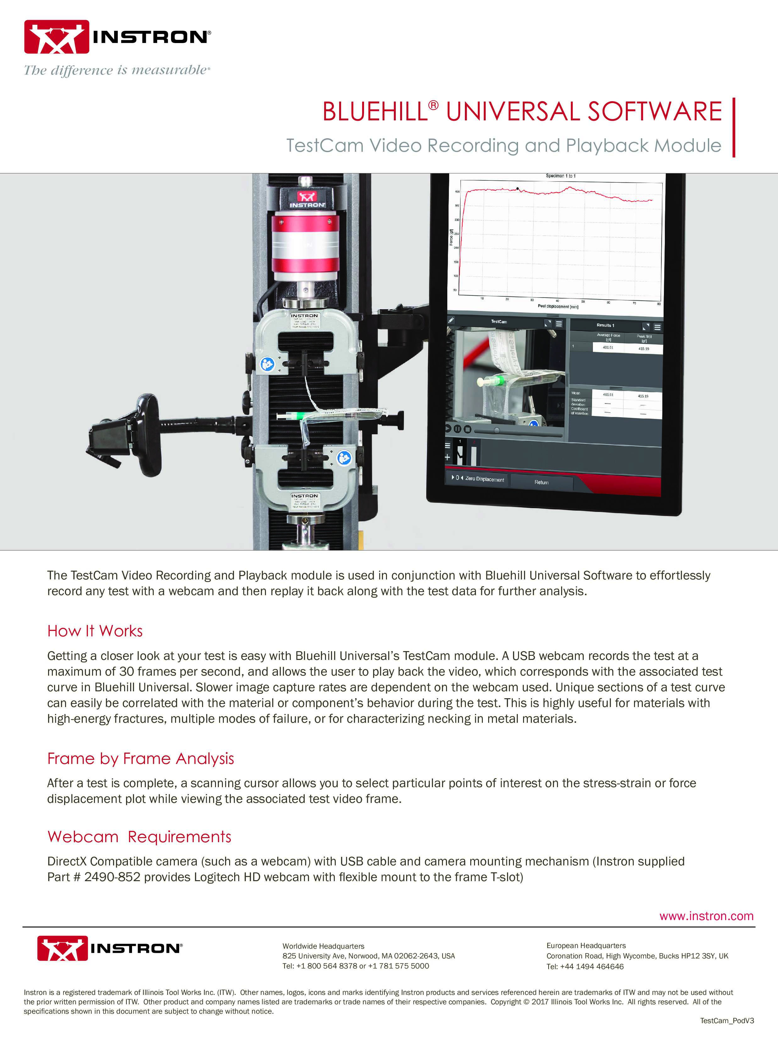 Bluehill Universal TestCam Video Recording and Playback Module