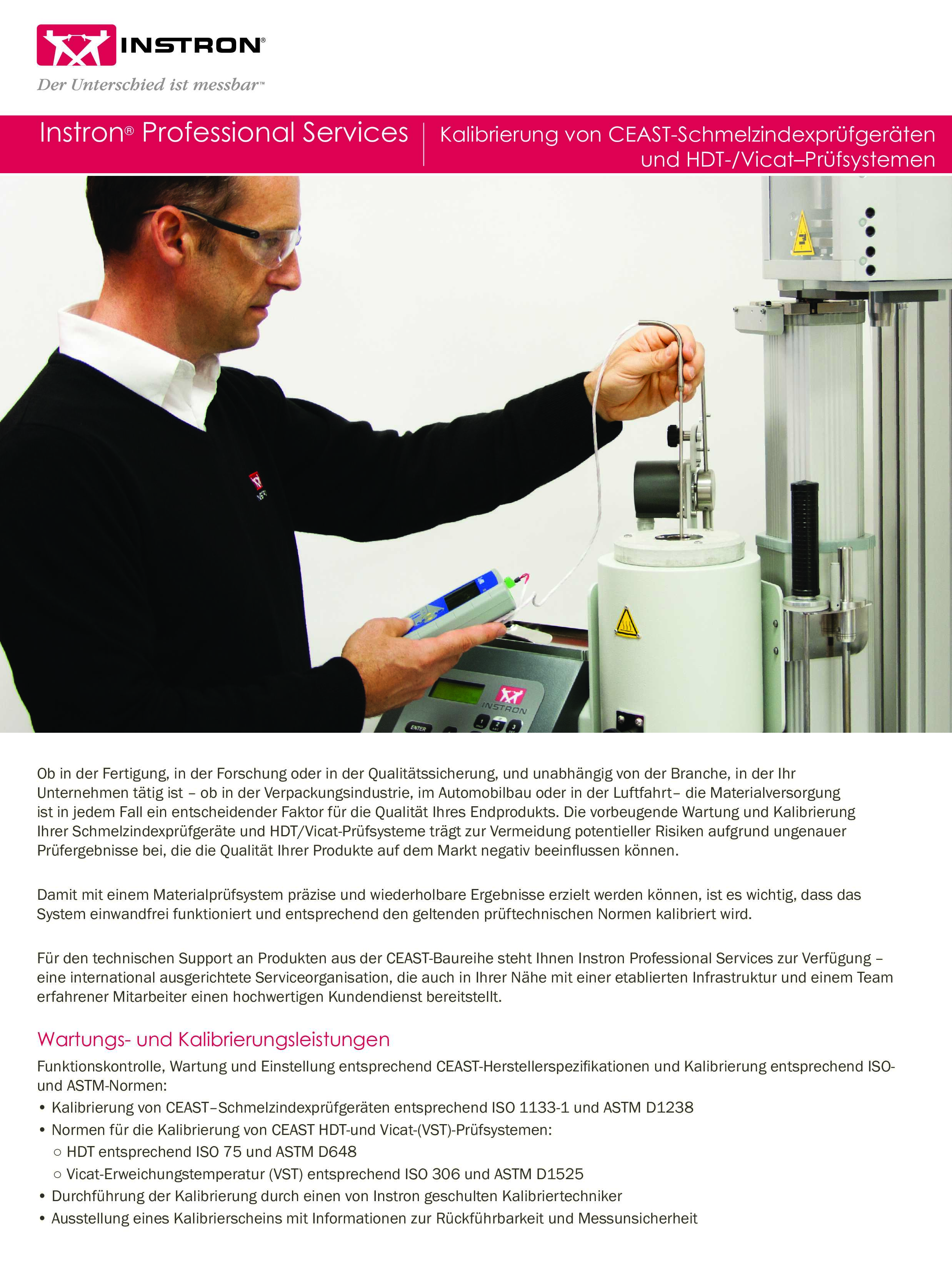 Instron® Professional Services Kalibrierung von CEAST-Schmelzindexprüfgeräten und HDT-/Vicat–Prüfsystemen