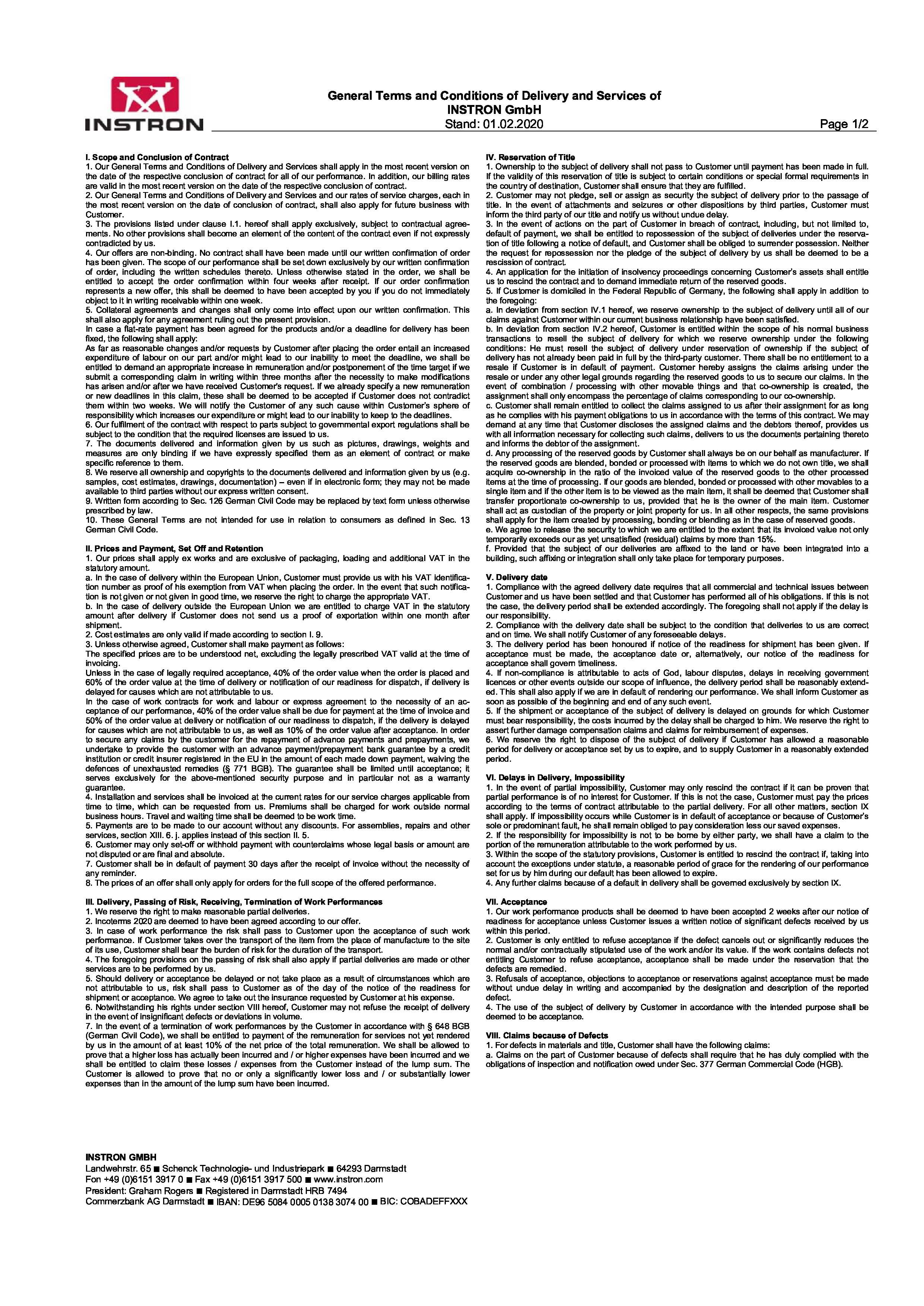 General Terms and Conditions of Delivery and Services of Instron GmbH