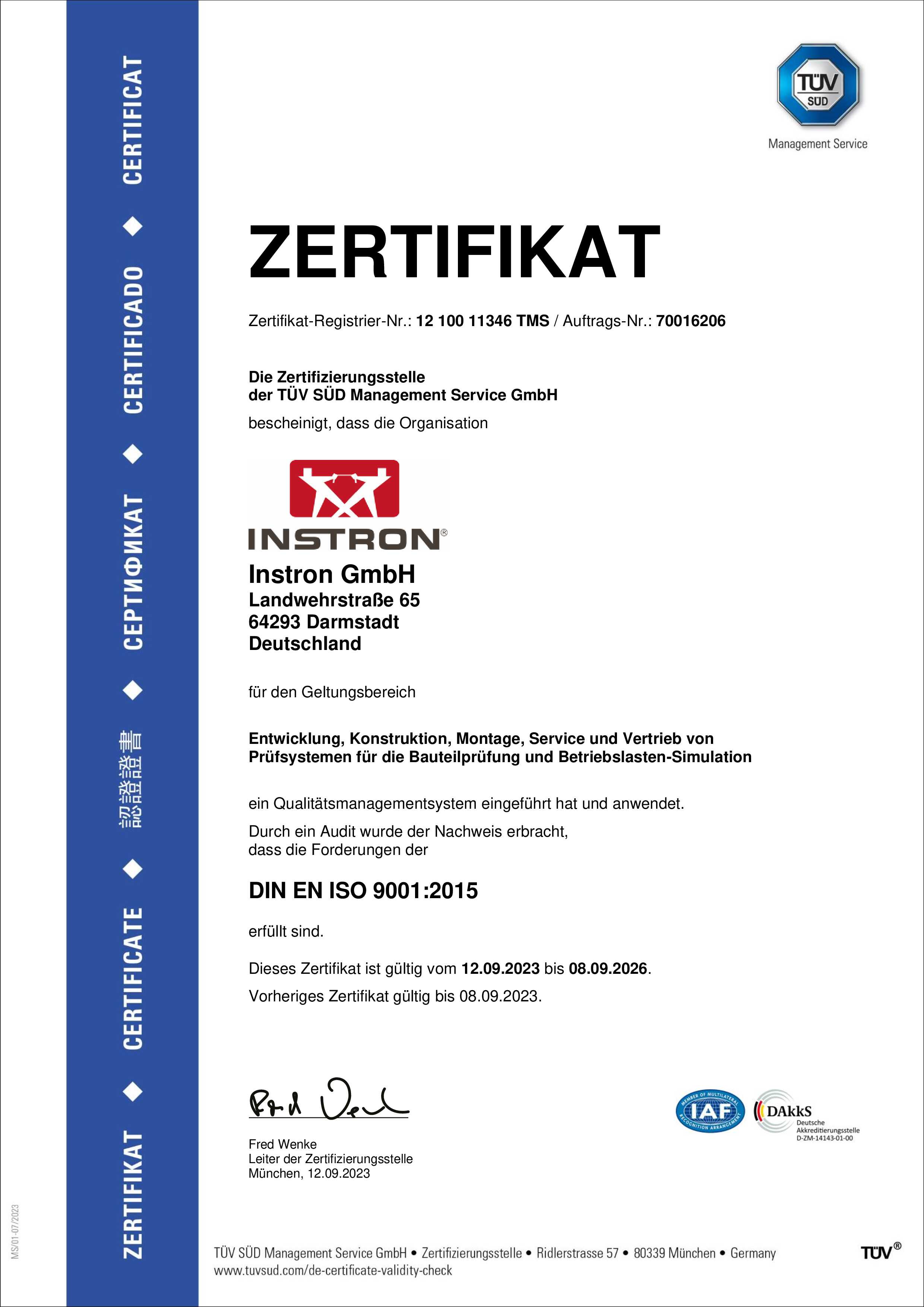 Instron GmbH ISO-Zertifizierung
