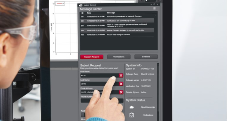 | Instron User submitting a support request through the Instron Connect Software message center on a connected test frame's display.