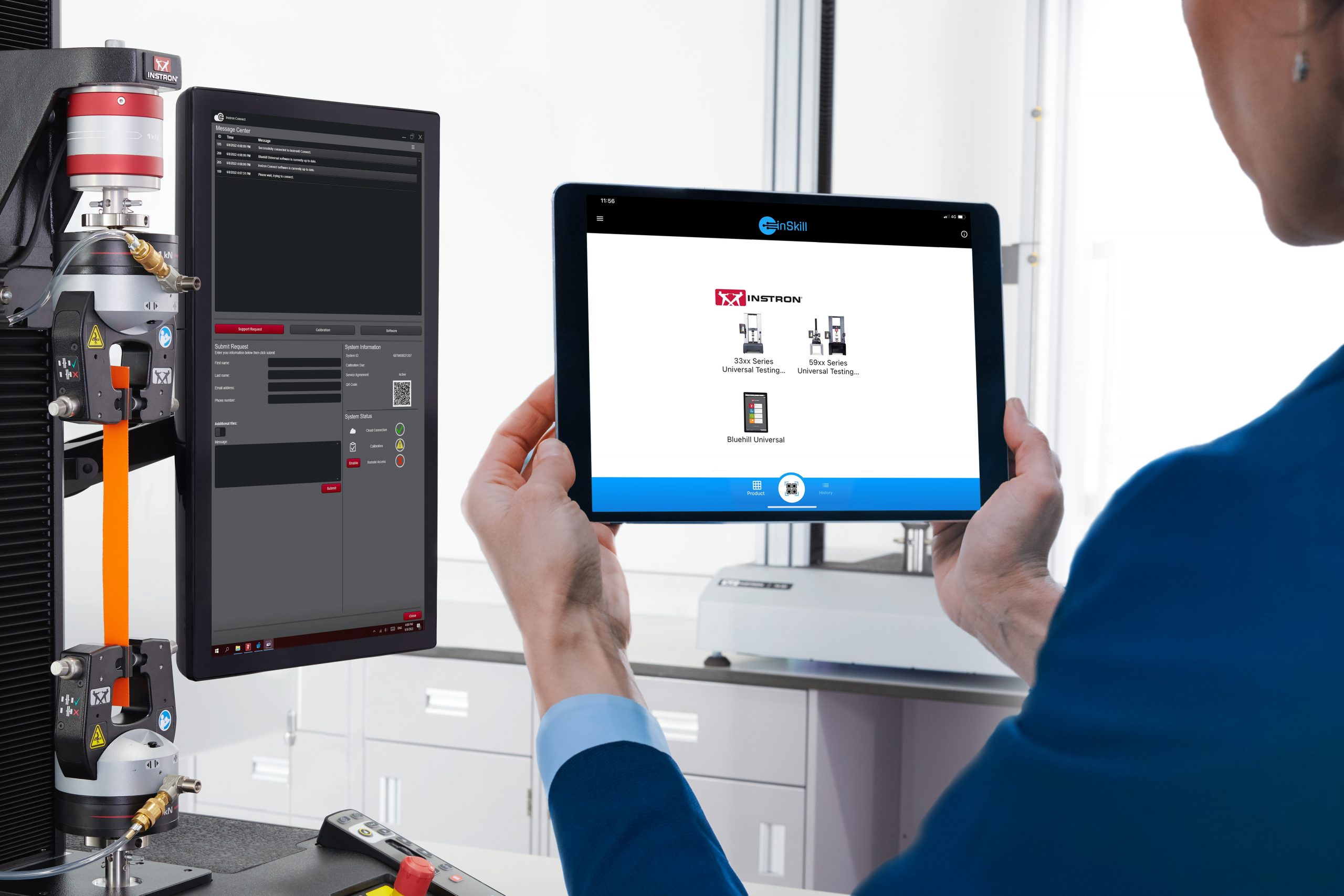 | Instron User holding a tablet displaying the InSkill AI app product selection screen, next to an Instron test frame running a tensile test.