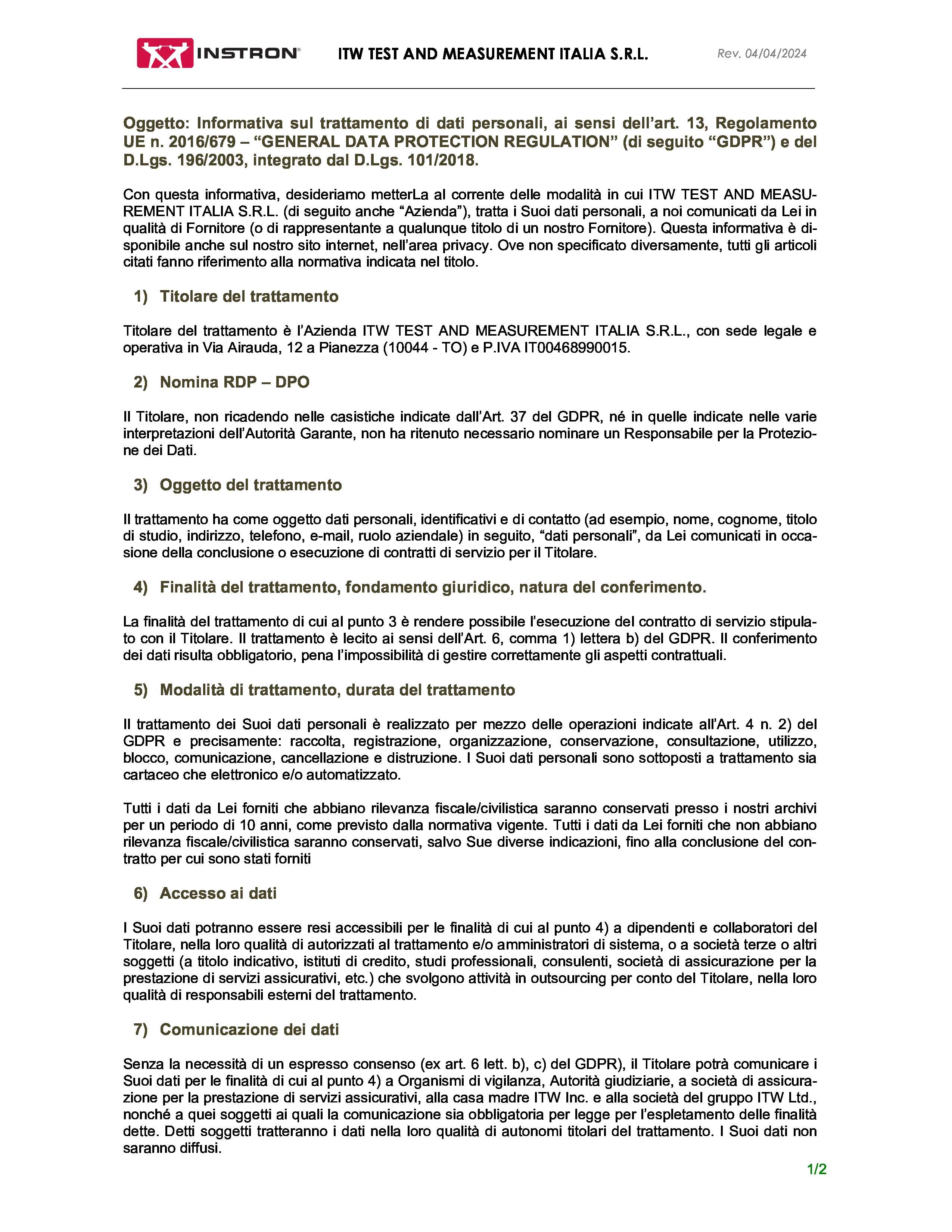 GDPR Informativa Fornitori