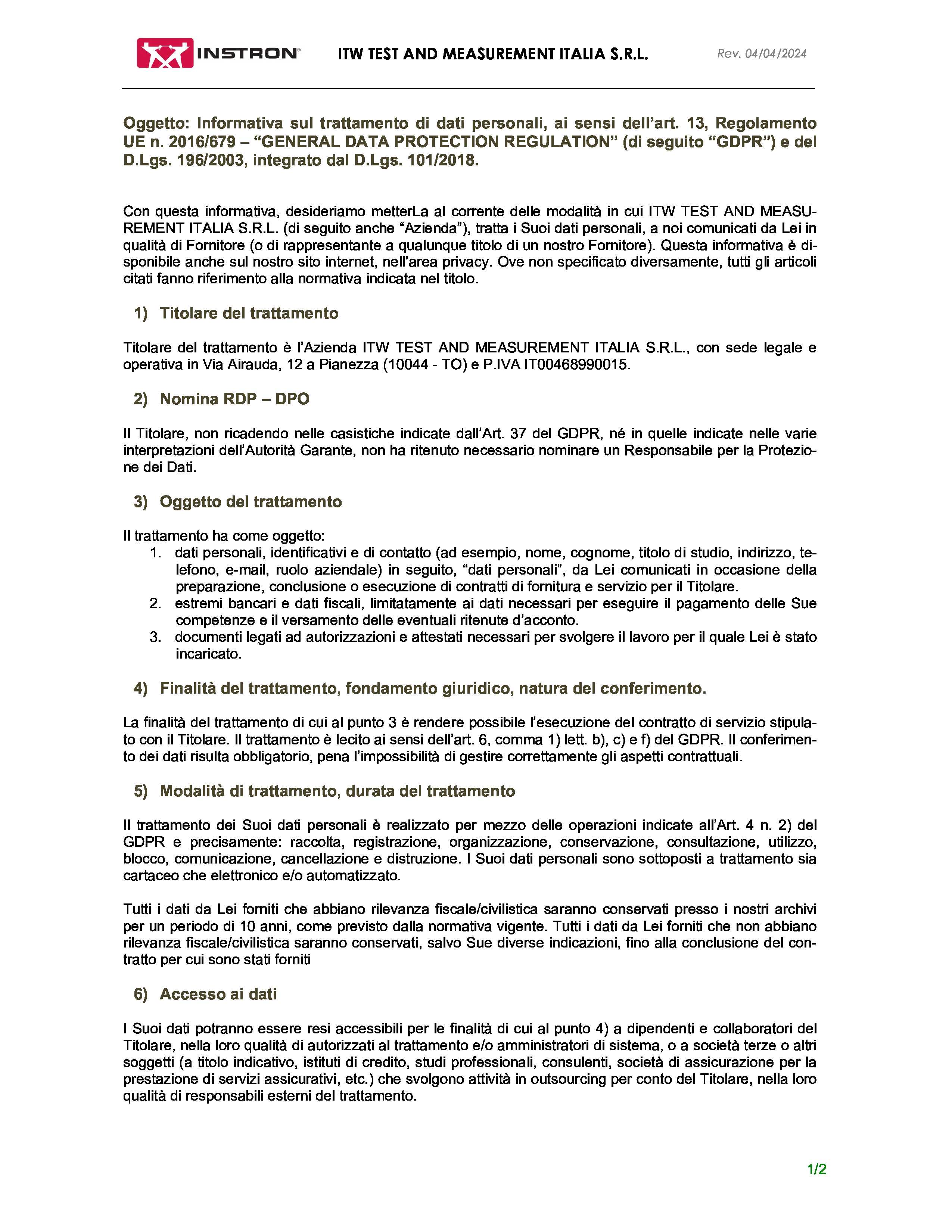 GDPR Informativa Fornitori Professionisti