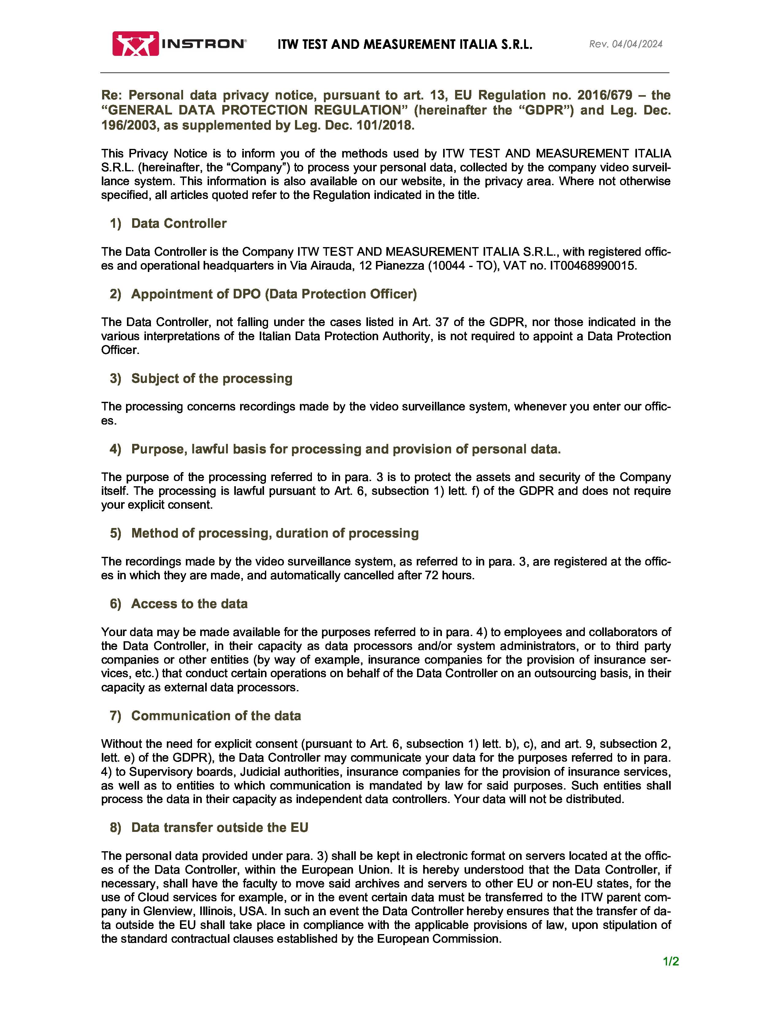 GDPR Privacy Notice for Video Surveillance
