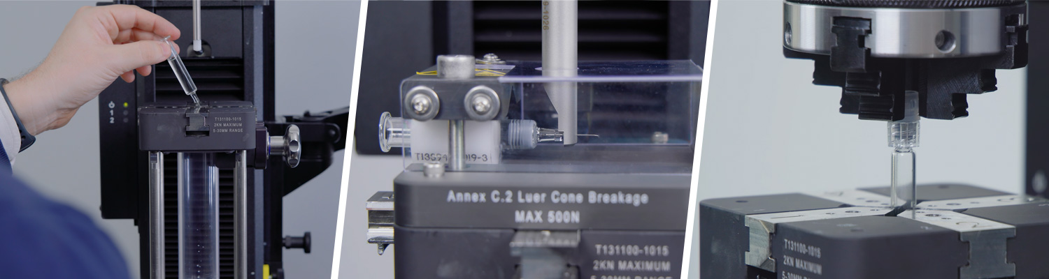 | Instron Image en trois panneaux montrant des configurations d’essais Instron sur seringues préremplies : un opérateur charge une seringue pour un essai de force de décollement et de glissement à gauche, un montage de rupture du cône luer au centre et un essai de couple de dévissage du capuchon d’embout luer à droite