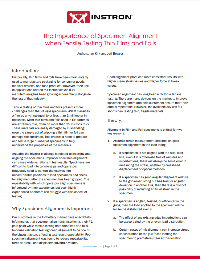 The Importance of Specimen Alignment When Tensile Testing Thin Films and Foils White Paper