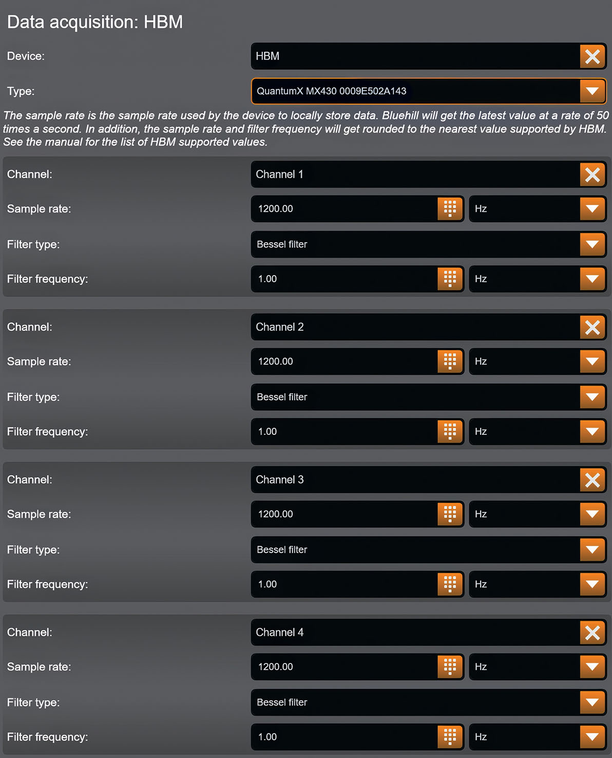 HBM configuration in Bluehill Universal software