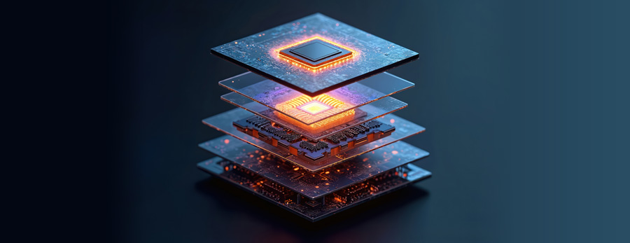 | Instron AI-generated 3D illustration showing an exploded isometric view of a semiconductor chip, with multiple glowing circuit board layers separated vertically, a central processor die emitting orange light, and a dark blue gradient background
