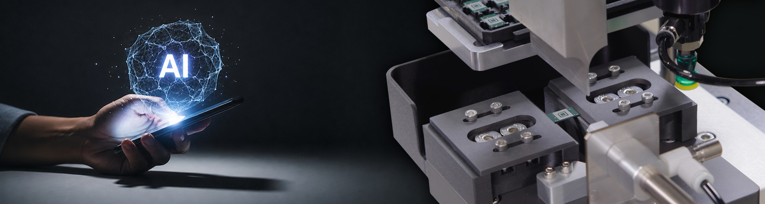 | Instron Split image: left side shows a hand holding a smartphone with a glowing holographic AI neural network sphere; right side shows an Instron AT2 automated XY stage performing a flexure test on a microelectronic component