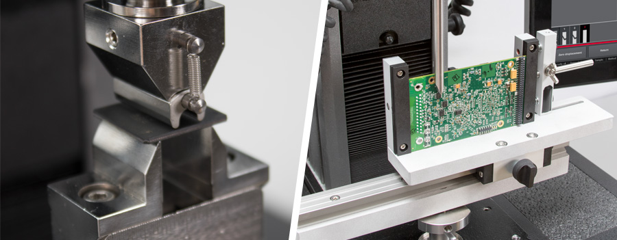 | Instron Split image: left side shows a close-up of a 4-point micro bend test fixture with a precision loading beam mounted on a materials testing machine; right side shows a populated green PCB mounted in a die shear test fixture on a manual test stage
