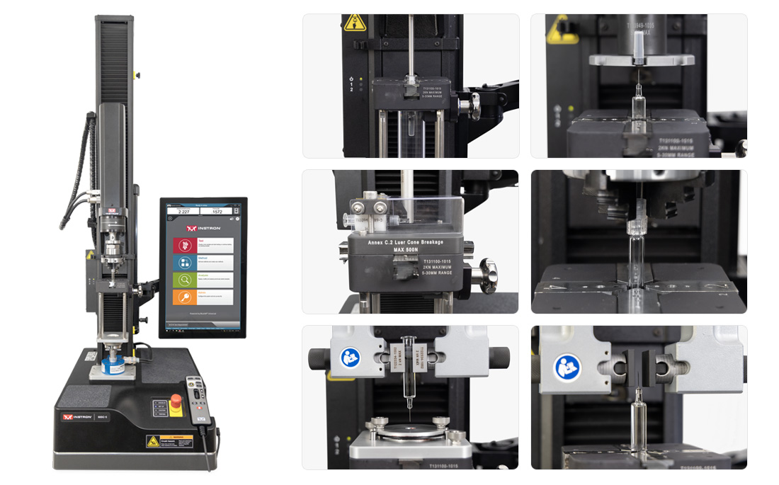 | Instron Système d’essai universel Instron 68SC avec montage d’essai modulaire ISO 11040 pour seringues, présenté aux côtés de six vignettes en gros plan illustrant les configurations d’essai de force de décollement et de glissement, rupture du cône luer, pénétration de l’aiguille, force d’arrachement du protège-aiguille, couple de dévissage du capuchon d’embout luer et force d’arrachement de l’aiguille