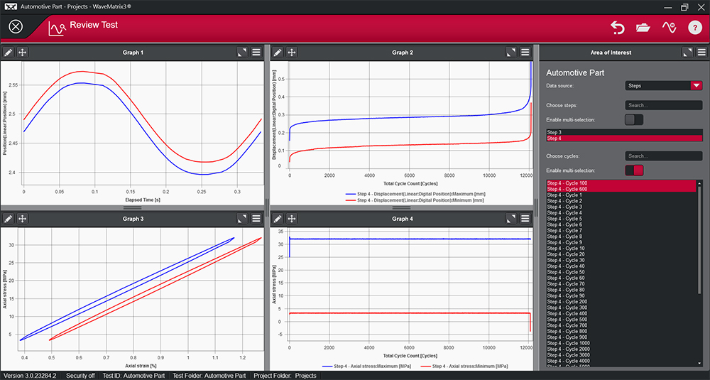 | Instron Engineers use WaveMatrix&trade;3 Review Test, which accelerates the process of ensuring that high-quality test data is being captured.