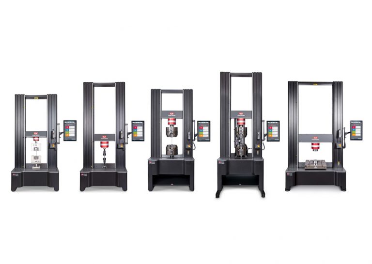 Five Instron 6800 Series floor model universal testing systems shown side by side in a range of frame height, width, base, and fixture configurations.