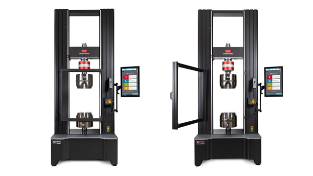| Instron Instron 68FM universal testing system with a debris shield in the closed position on the left and the debris shield door open on the right, with hydraulic wedge grips