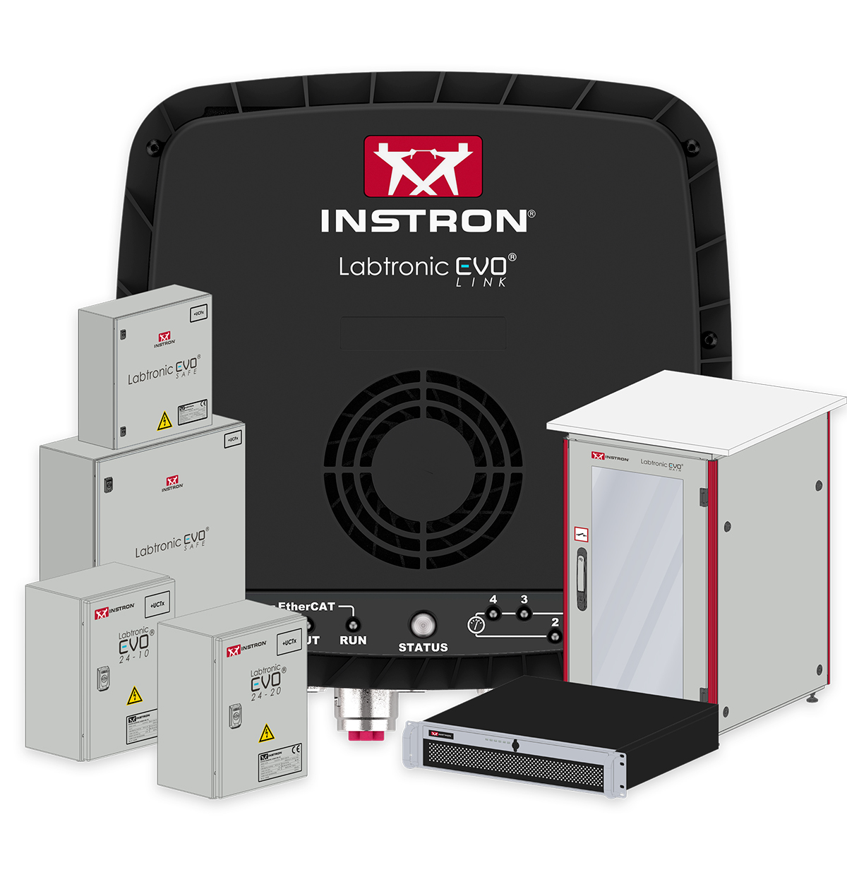 | Instron Full Labtronic EVO product family including LINK, MAIN, CORE, 24-10, and 24-20 modules arranged together