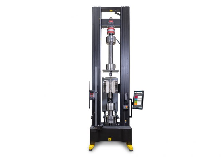 Instron 68FM universal testing system in extra height configuration with an environmental chamber, furnace, hydraulic wedge grips, video extensometer, and AlignPro alignment device mounted in the load string, with Bluehill Universal software.