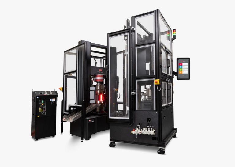 Instron AT3 automated testing system configured with a floor model 6800 Series universal testing machine enclosed in a transparent safety enclosure with automated specimen handling, AVE3 Advanced Video Extensometer illumination visible inside, and Instron Bluehill Universal software visible on the attached Operator Dashboard.