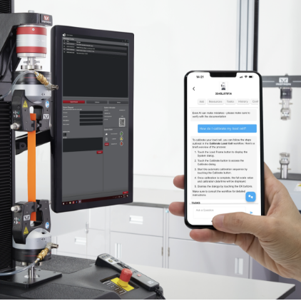 | Instron InSkill AI app guiding a user through the calibration workflow on an Instron testing system.