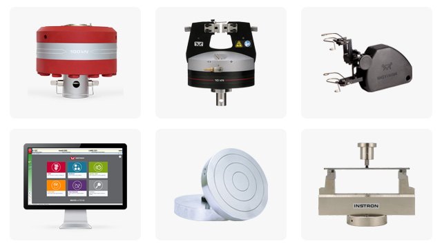 | Instron Six-panel grid of Instron testing accessories: a 100 kN load cell, a 10 kN pneumatic side-action grip, a clip-on extensometer, testing software on a desktop monitor, a compression platen, and a three-point flexure fixture
