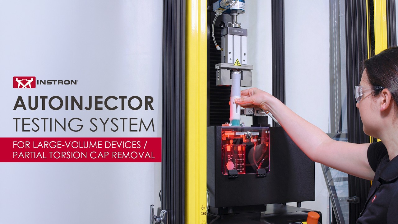 | Instron การทดสอบอุปกรณ์ฉีดยาอัตโนมัติขนาดใหญ่และการถอดฝาแบบบิดออกบางส่วน