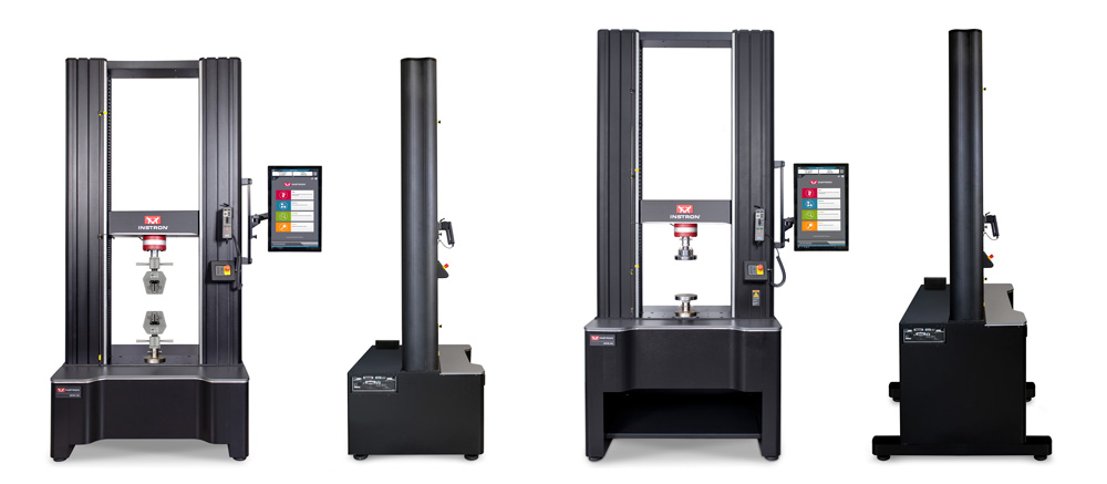Instron 68FM Universal Testing System Short Base and Tall Base Frame Options Shown Side by Side | Instron | Instron Four views of the Instron 68FM universal testing system showing front and side profiles of the short base and tall base frame configurations side by side