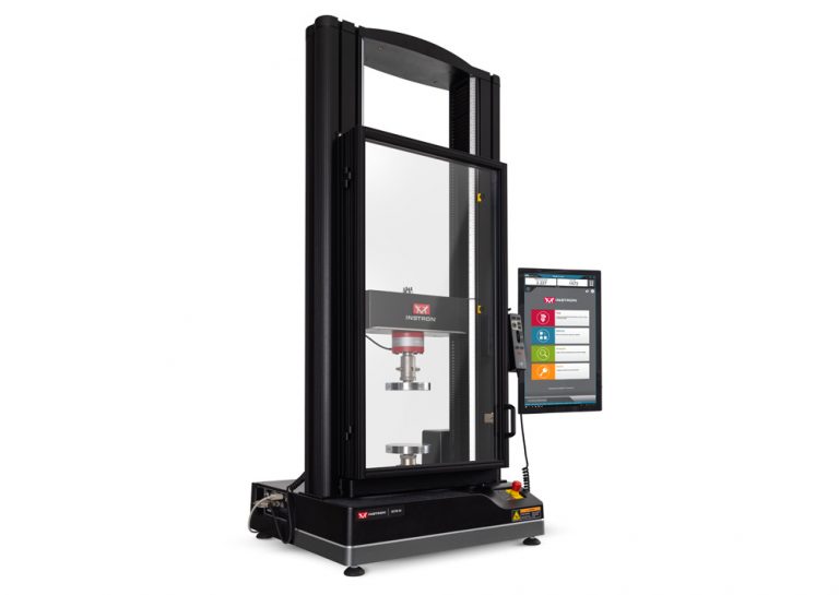 Instron 68TM table model universal testing system enclosed in a clear debris shield for operator protection, with the Bluehill Universal software operator dashboard mounted alongside.